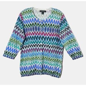August Silk Geometric Cardigan Size XL Multicolor 3/4 Sleeves Clear Buttons